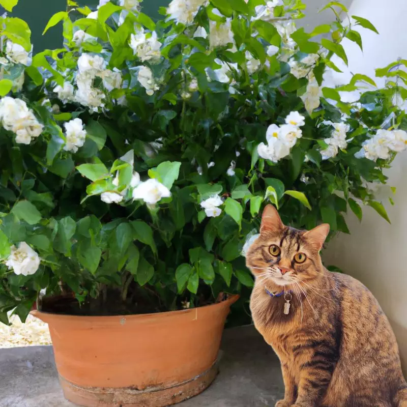 Cat sits near Jasmine