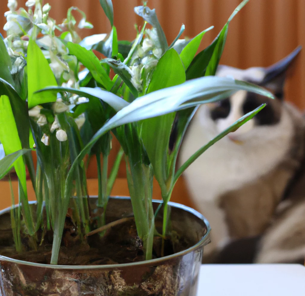 Cat sits near Lily of the Valley Orchid