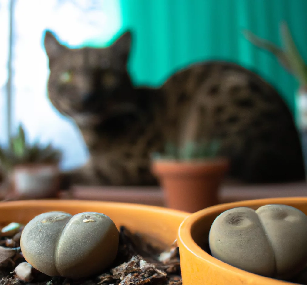 Cat sits near lithops in a pot
