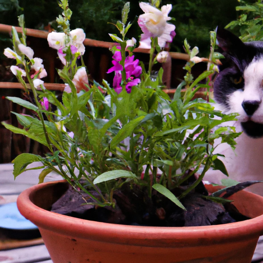 Cat sniffs Lesser Snapdragon