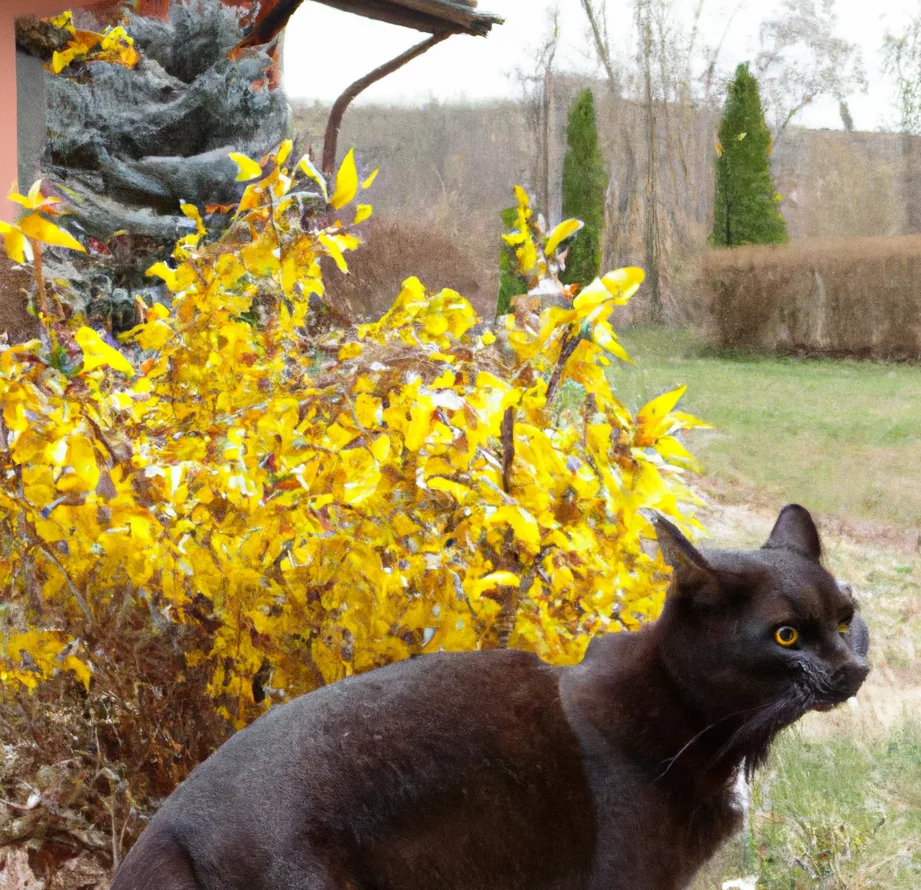 Cat stands near Forsythia