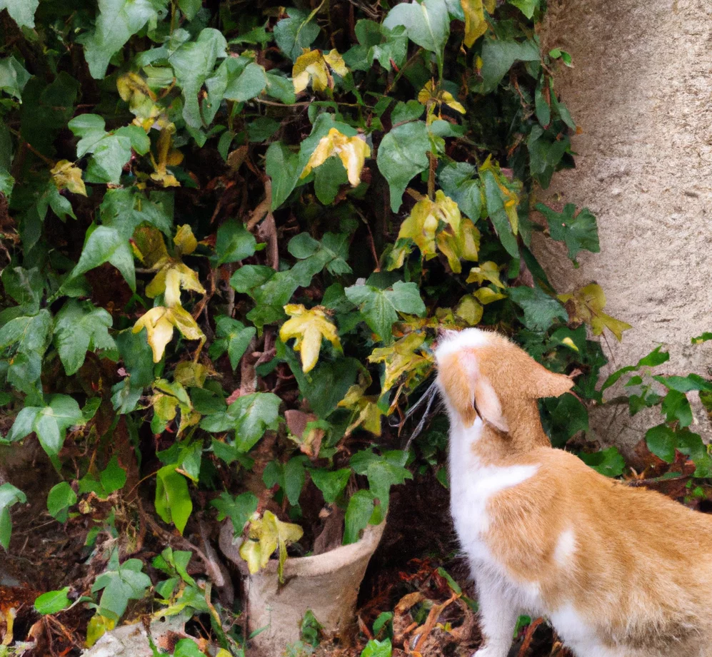 Cat stands near Grape Ivy