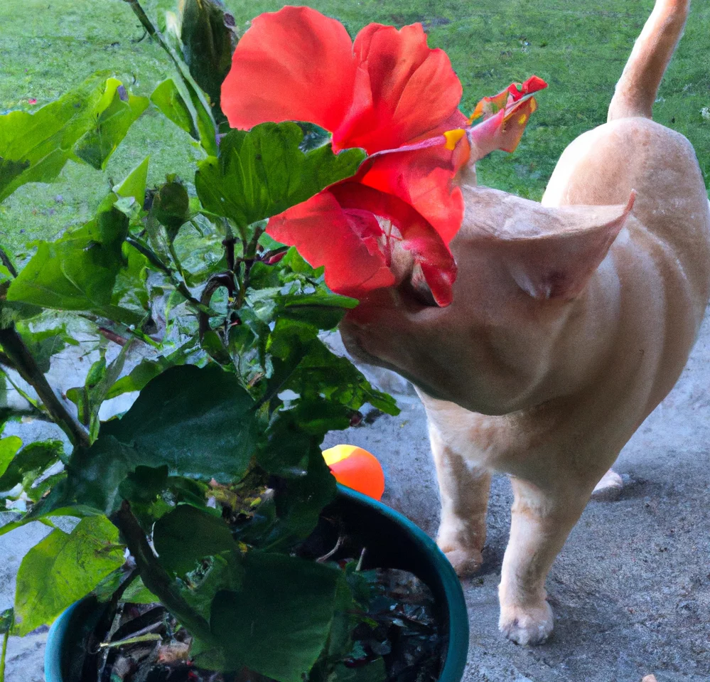 Cat stands near Hibiscus