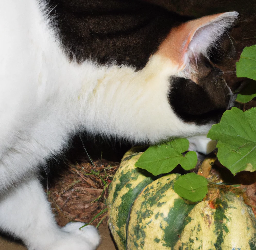 Cat stands near Hubbard Squash