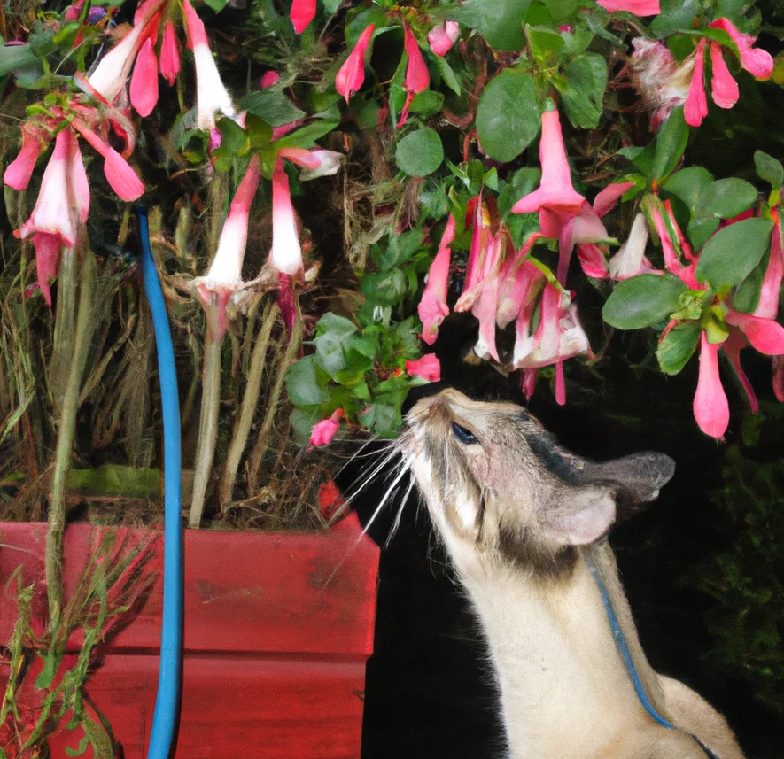 Cat tries to sniff Honeysuckle Fuchsia