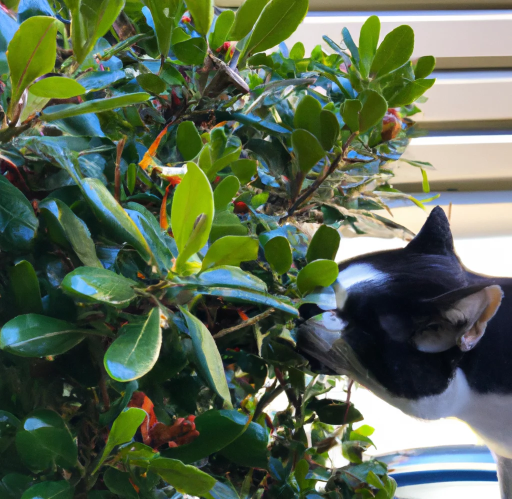 Japanese Pittosporum with a cat trying to sniff it