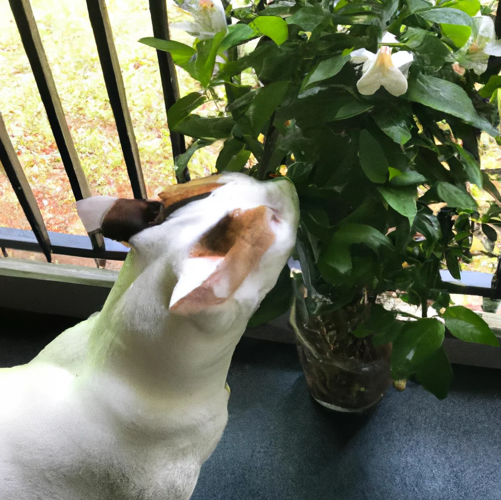 Jasmine plant with a cat trying to sniff it