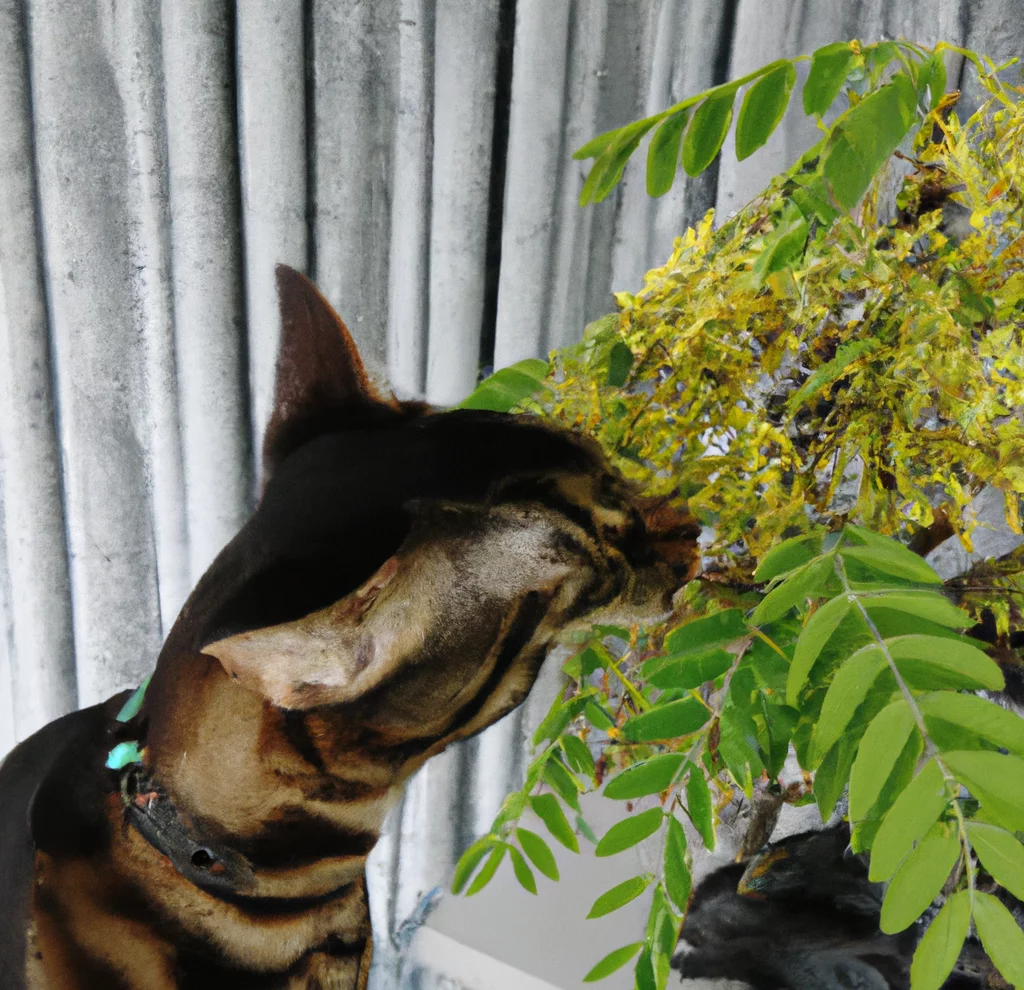Honey Locust with a cat trying to sniff it