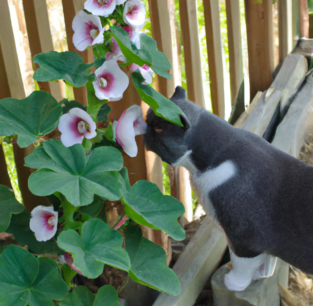 Hollyhocks with a cat trying to sniff it