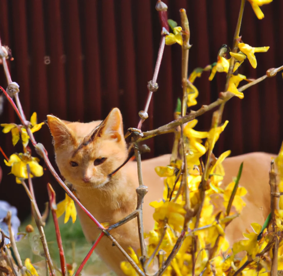 Forsythia with a happy cat in the background