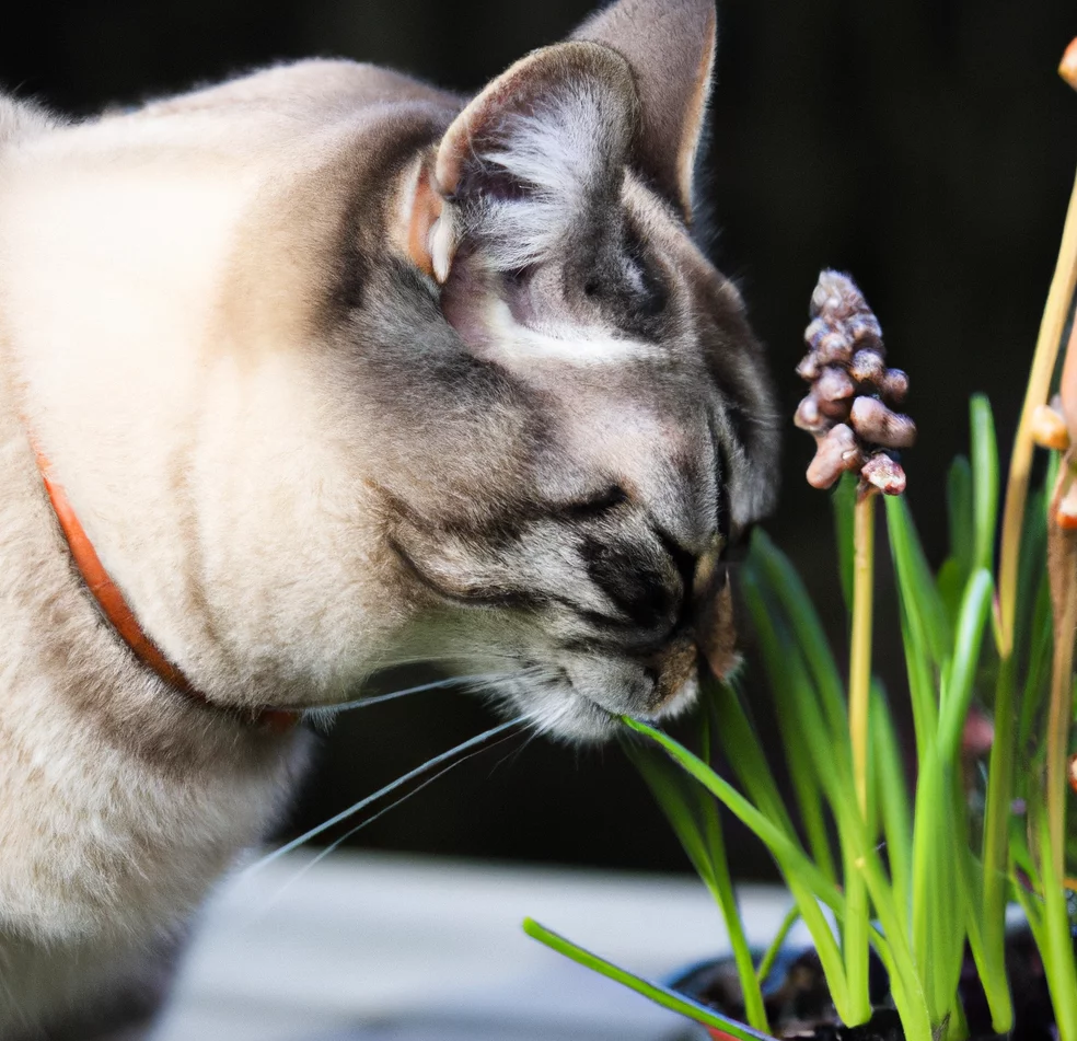 Grape Hyacinth Plant with a cat trying to sniff it