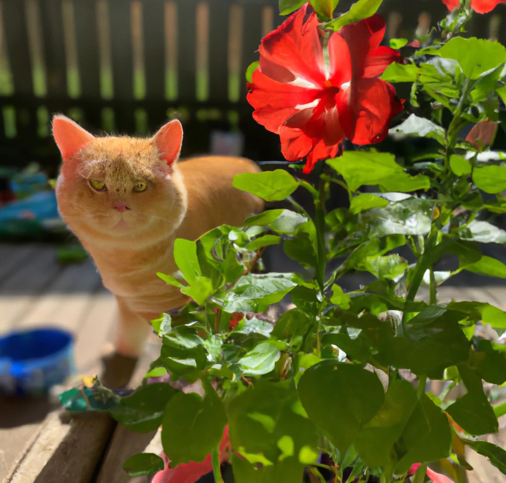 Hibiscus plant with a cat in the background