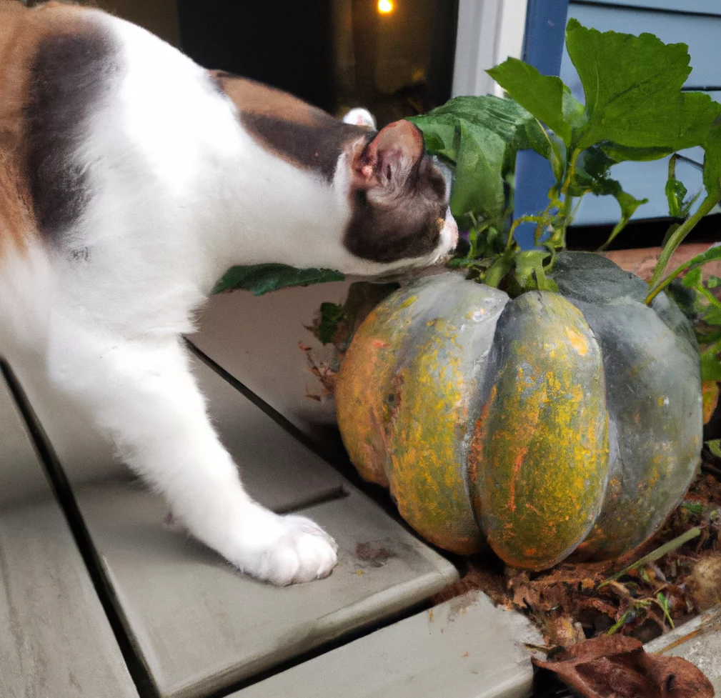 Hubbard Squash with a cat trying to sniff it
