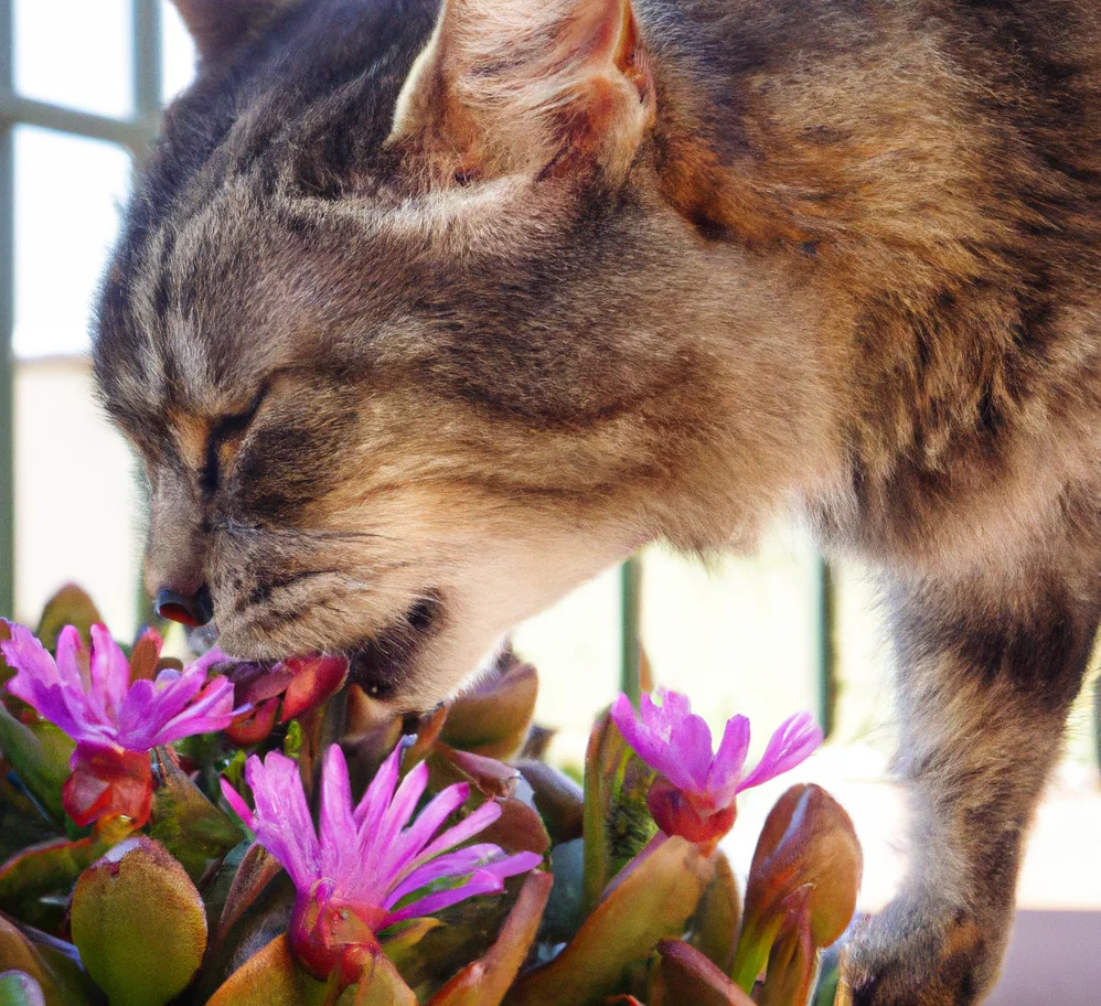 Ice plant with a cat trying to sniff it