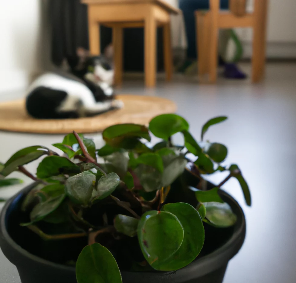 Leather Peperomia in a pot with a happy cat nearby