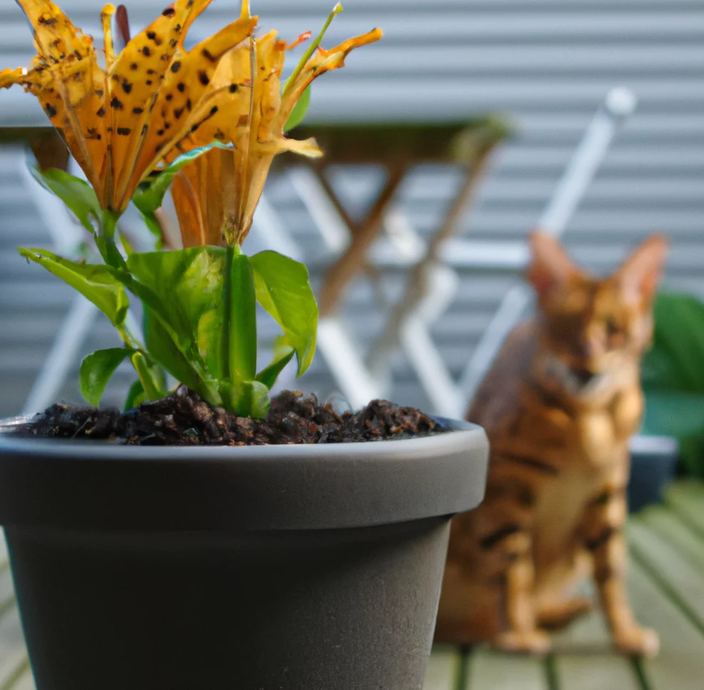 Leopard Lily in a pot and a cat