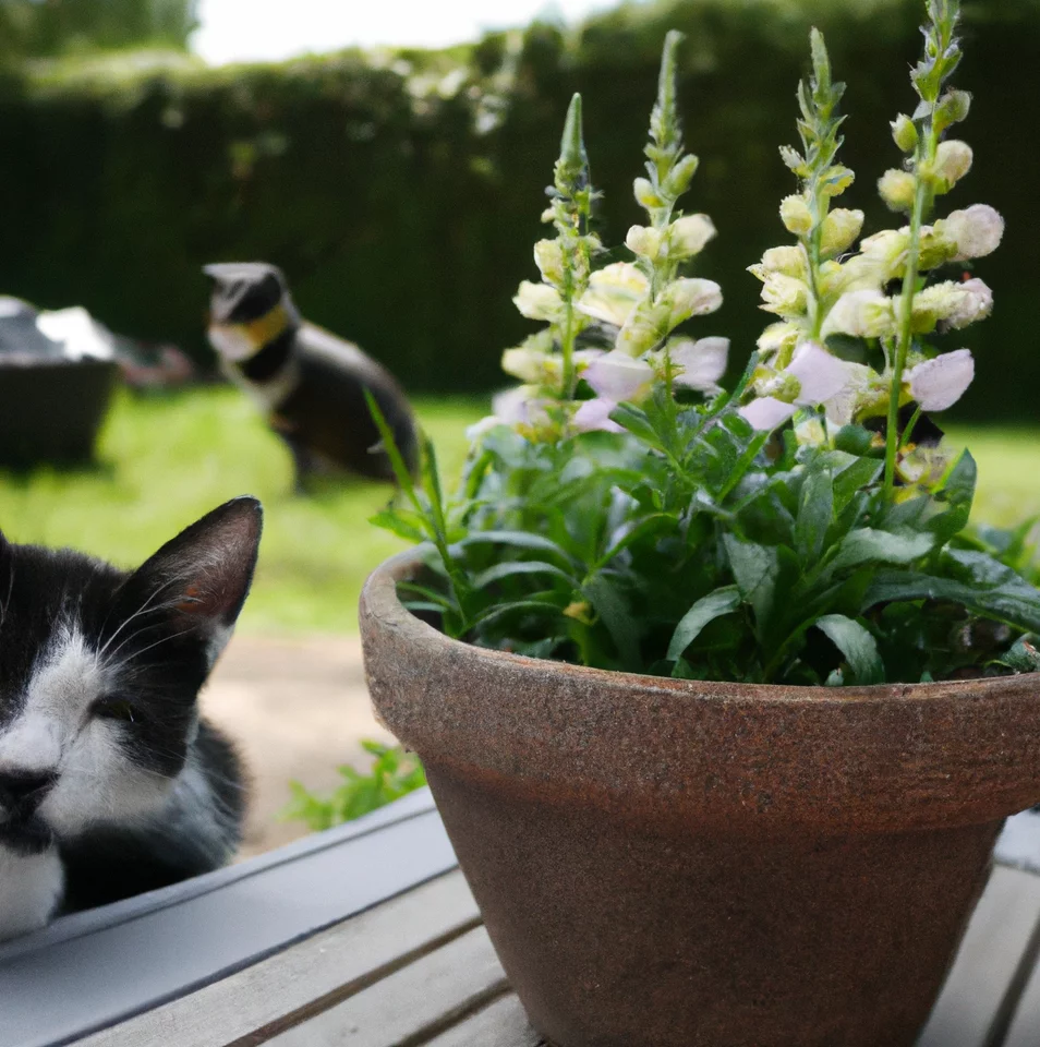 Lesser Snapdragon in a pot with a happy cat