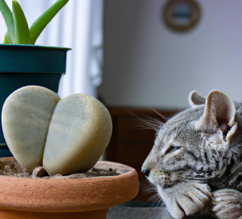 Living Rock Cactus in a pot with a cat nearby