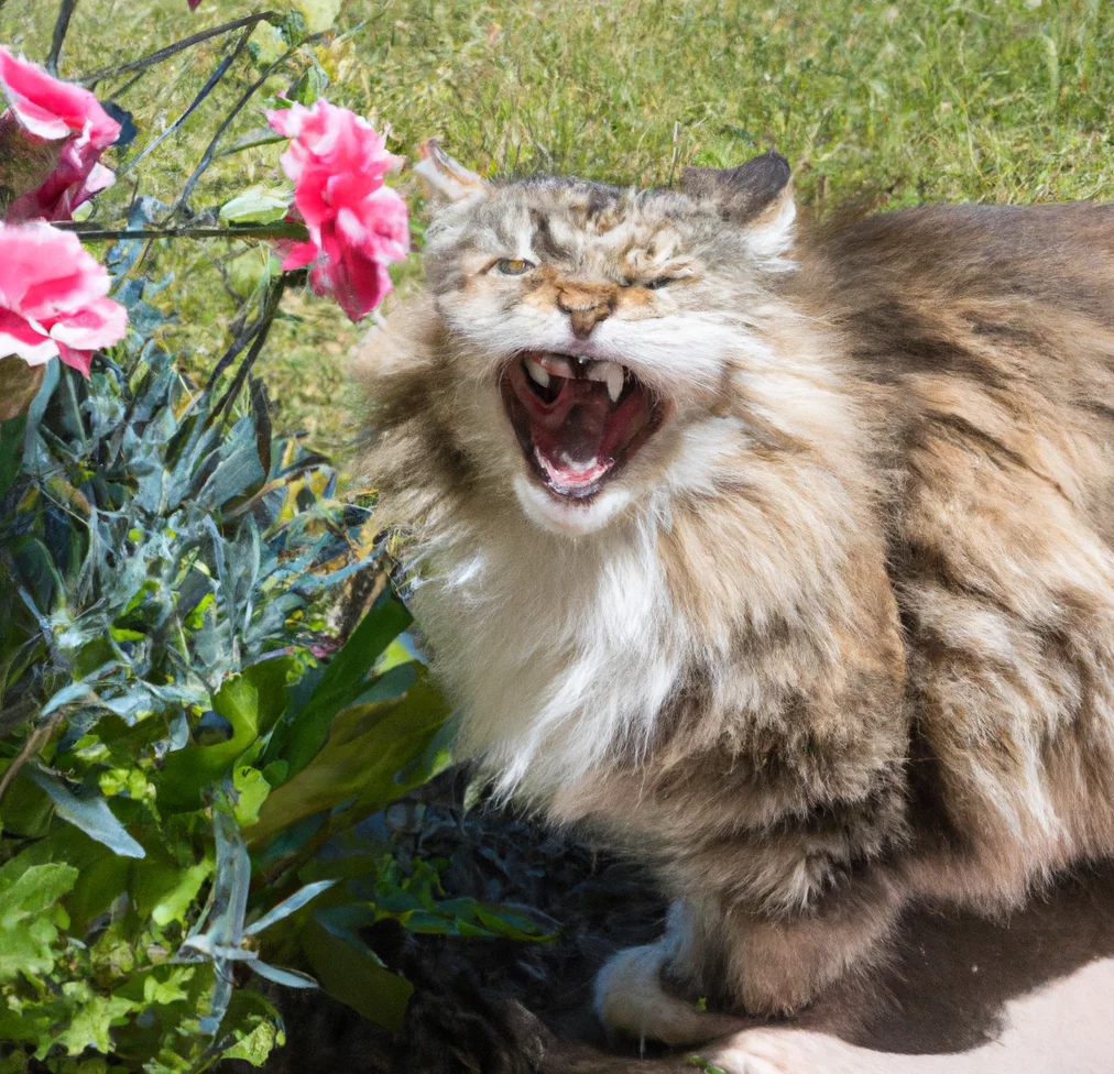 Angry cat hissing at carnation plant in the garden
