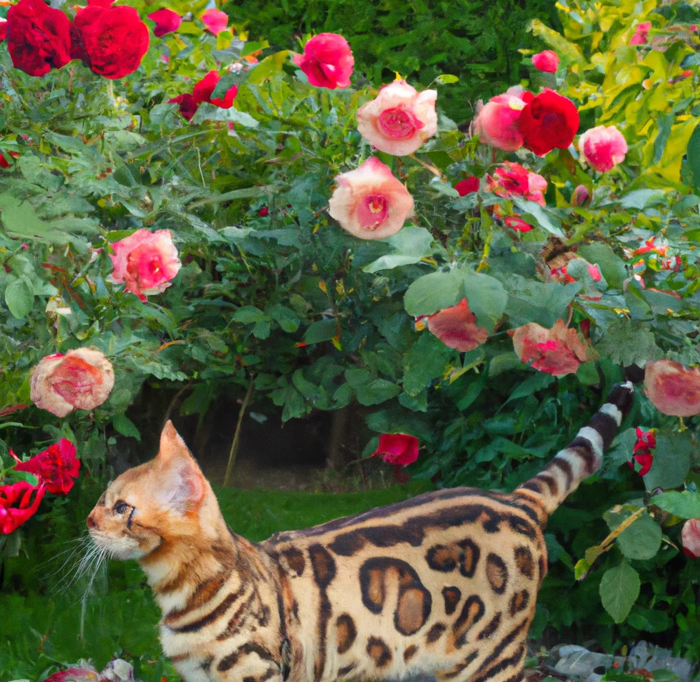 Bengal cat near beautiful roses in the garden