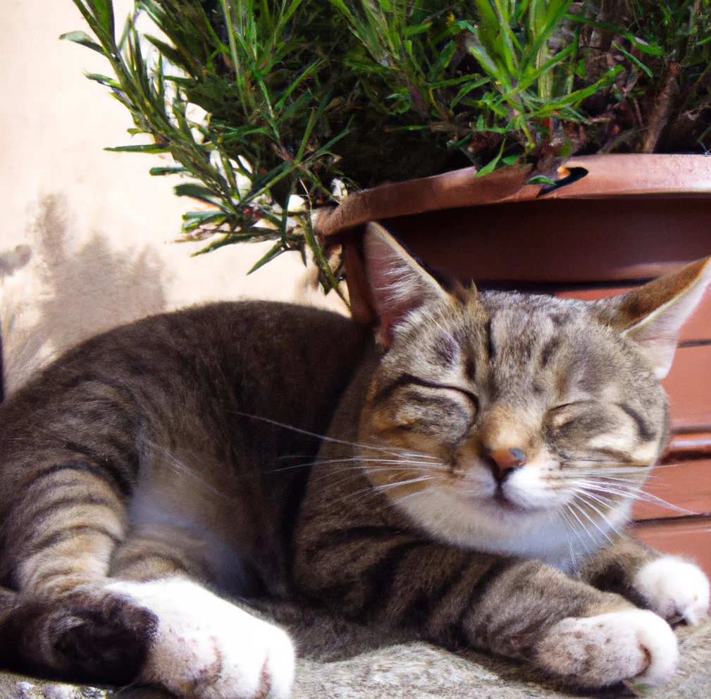 Cat lies near rosemary