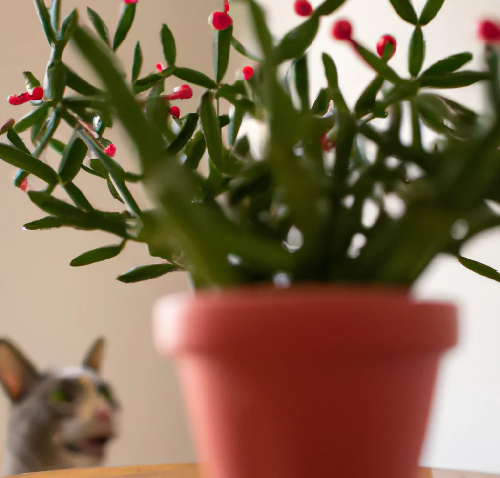 Cat looks at Mistletoe Cactus