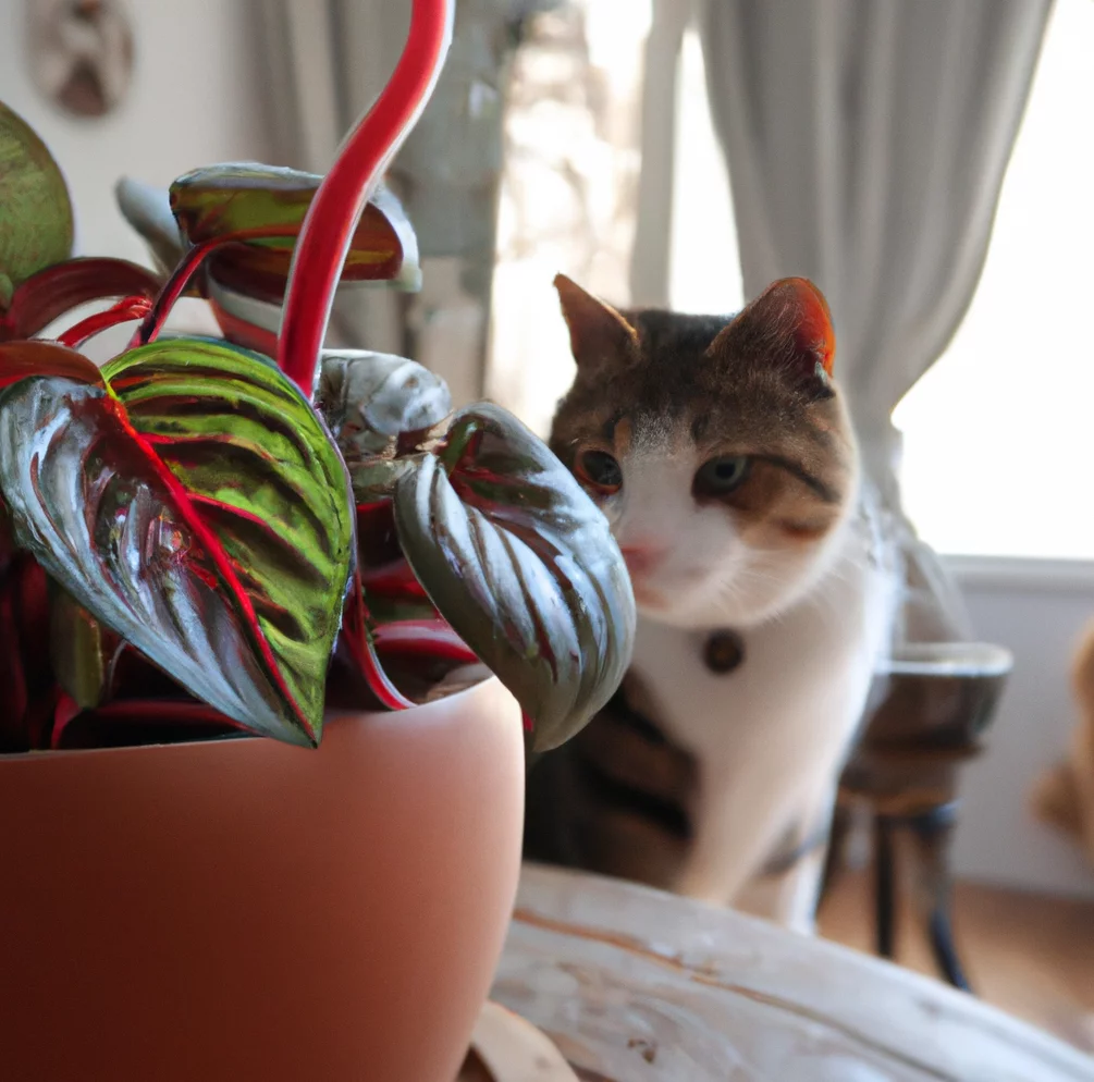 Cat looks at Red Edge Peperomia