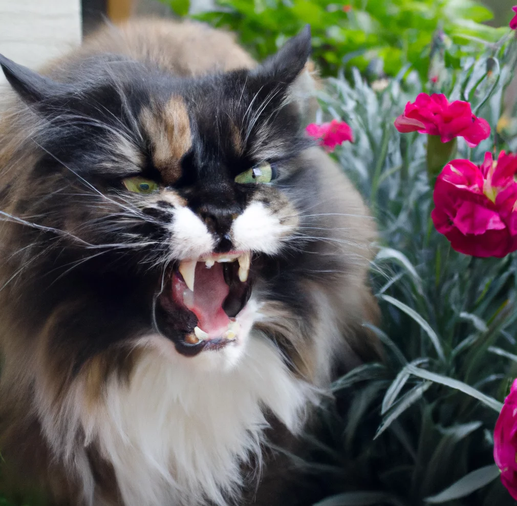 Cat looks at carnations
