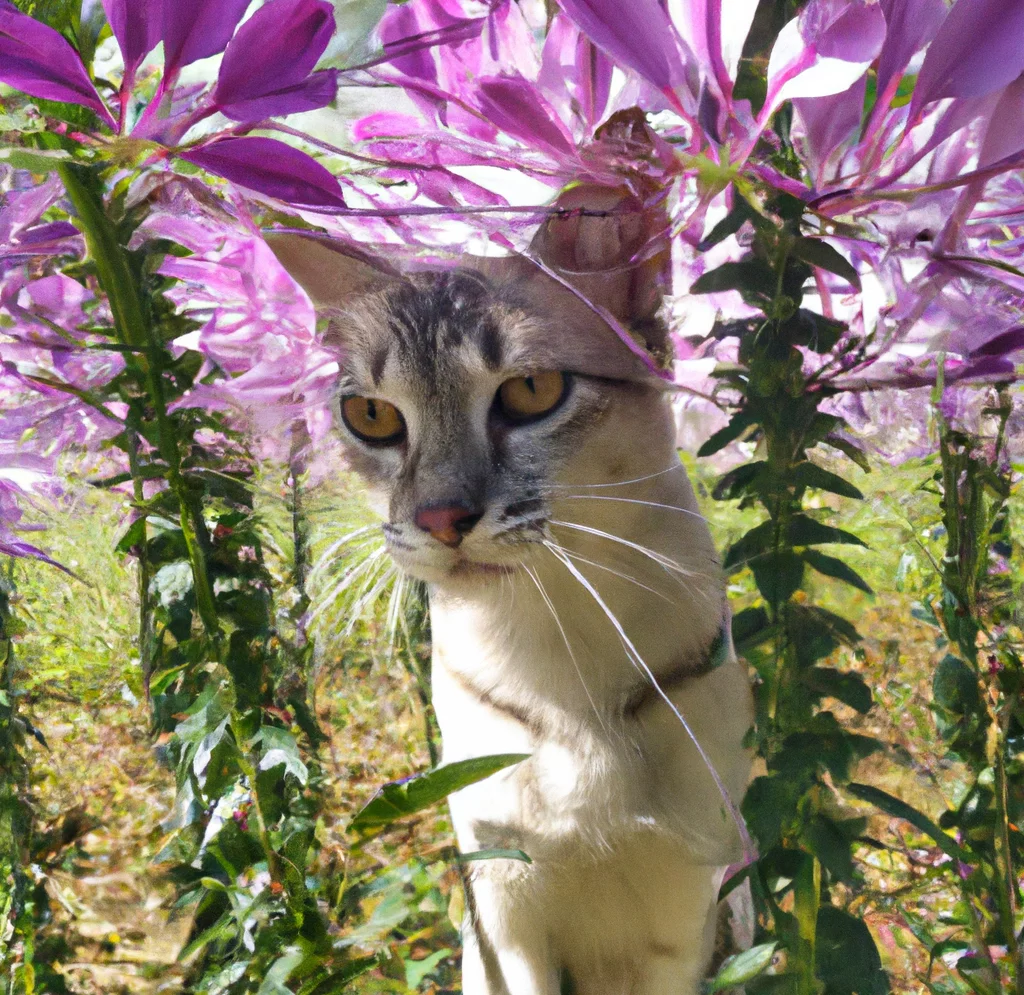 Cat near Spider Flower