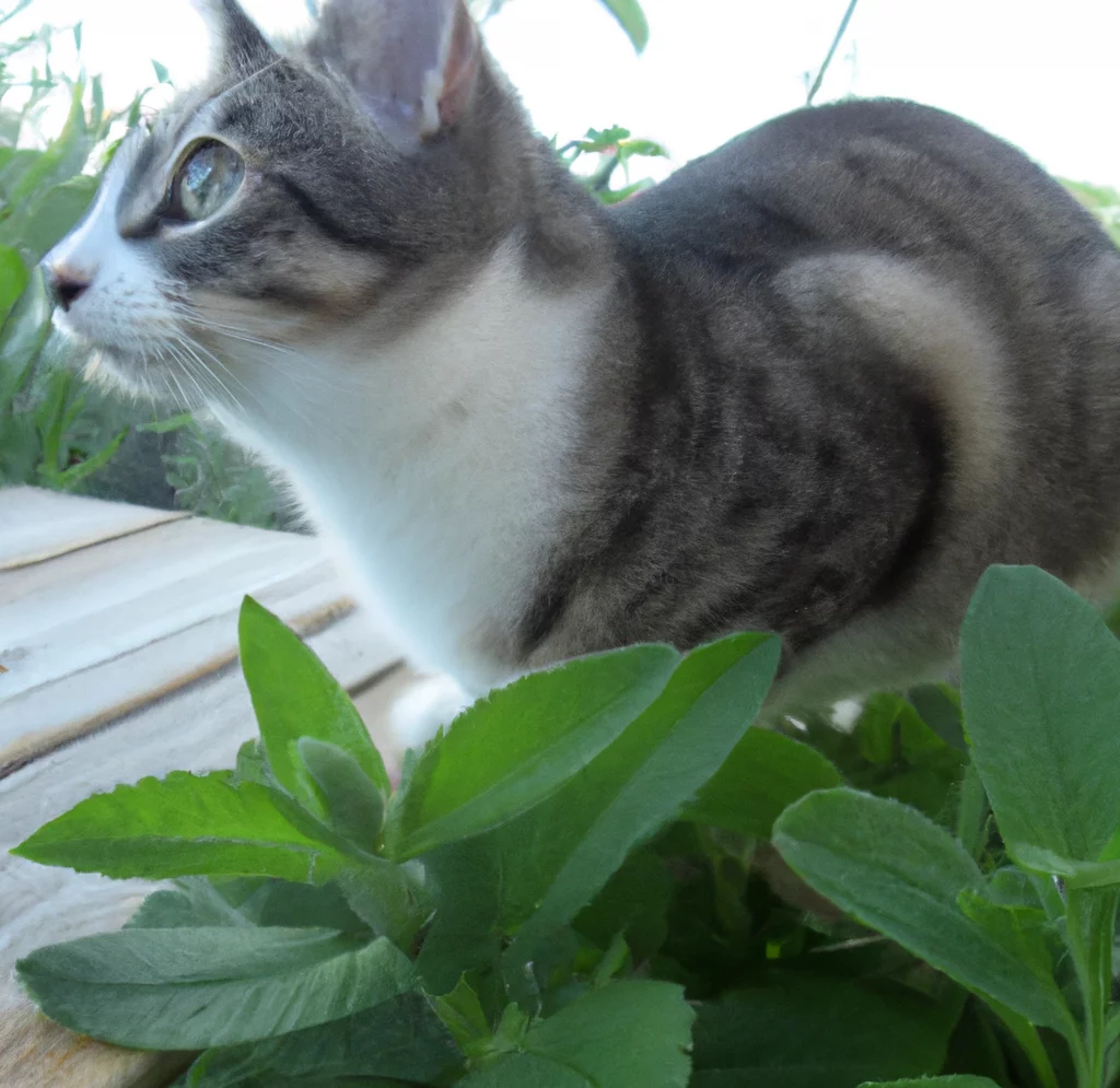 Cat near Stevia leaves
