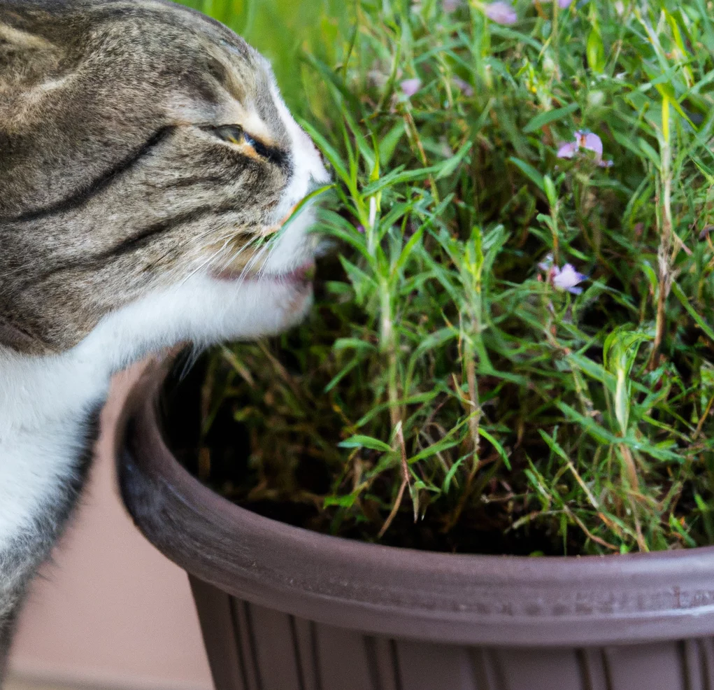 Cat near Winter Savory in a pot