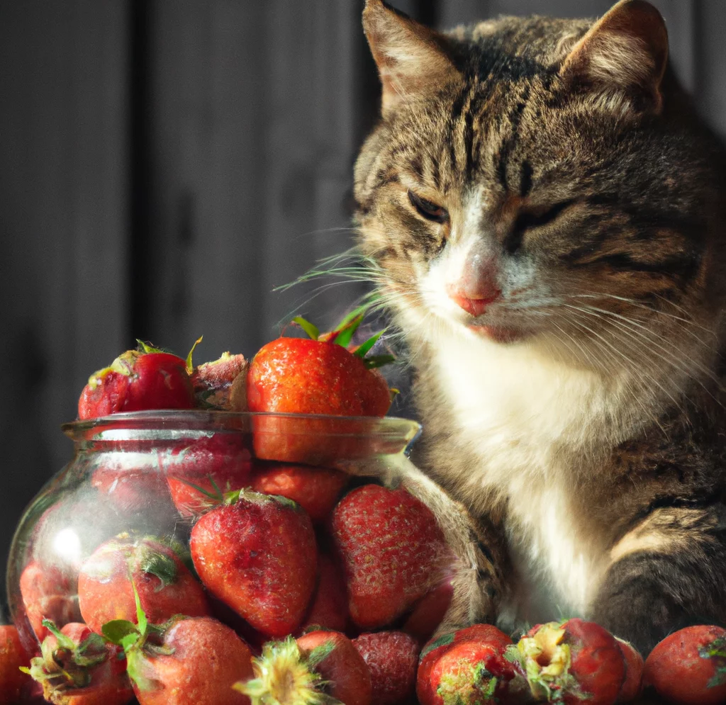 Cat near a jar of strawberries
