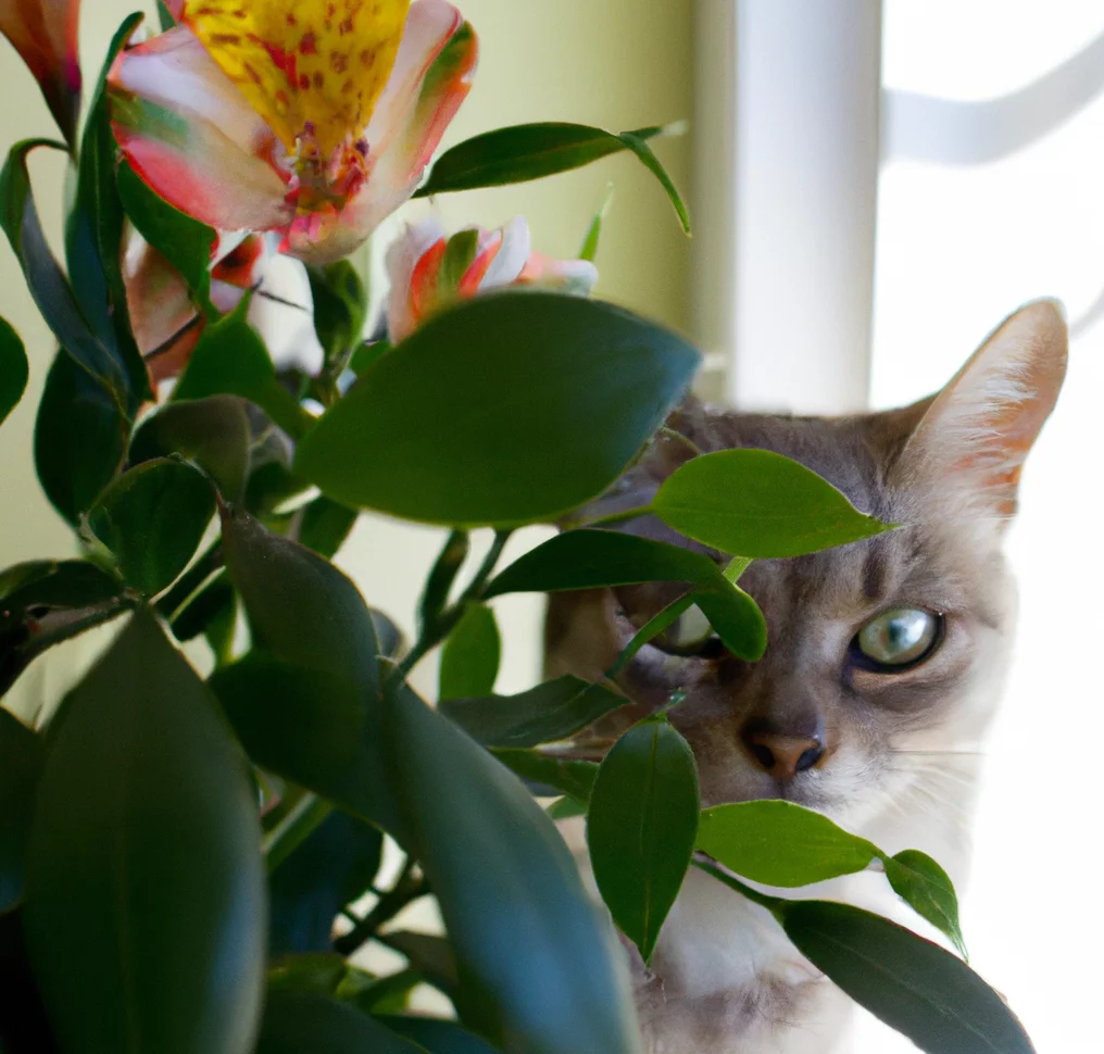 Cat sits Peruvian Lily