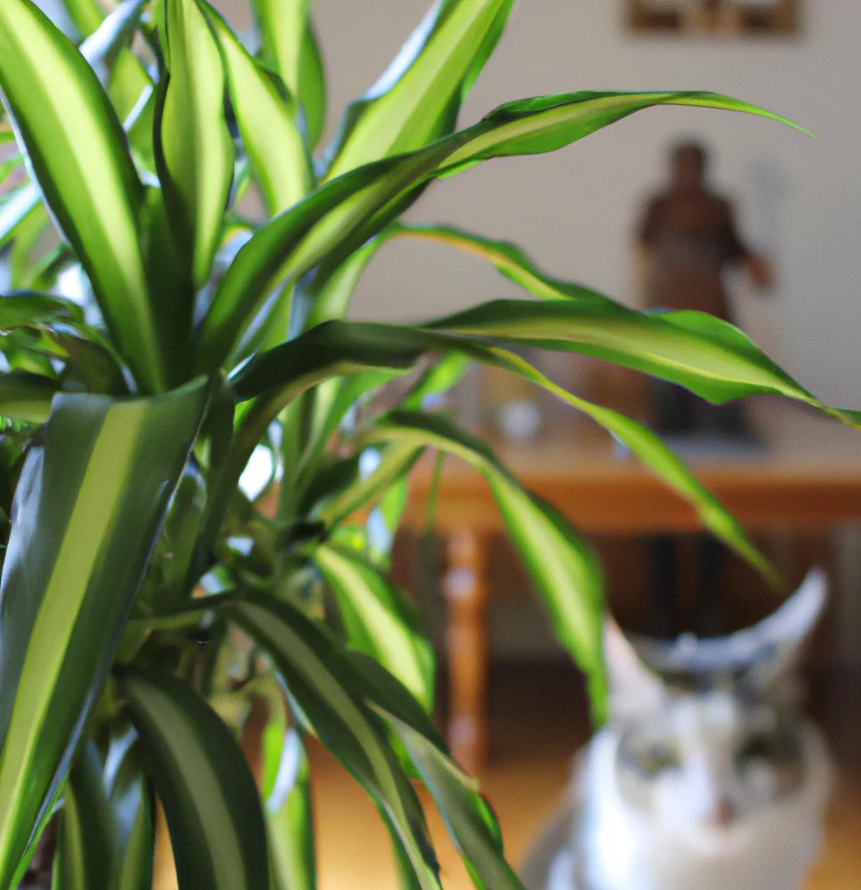 Cat sits behind Dracaena plant