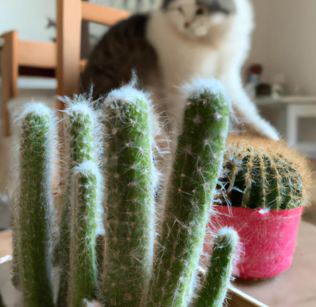 Cat sits behind Old Man Cactus