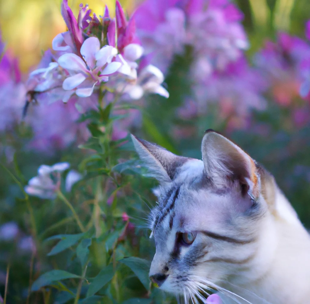 Cat sits near Spider Flower