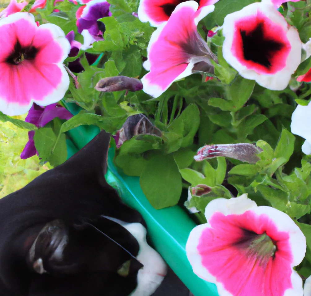 Cat sniffs Petunias