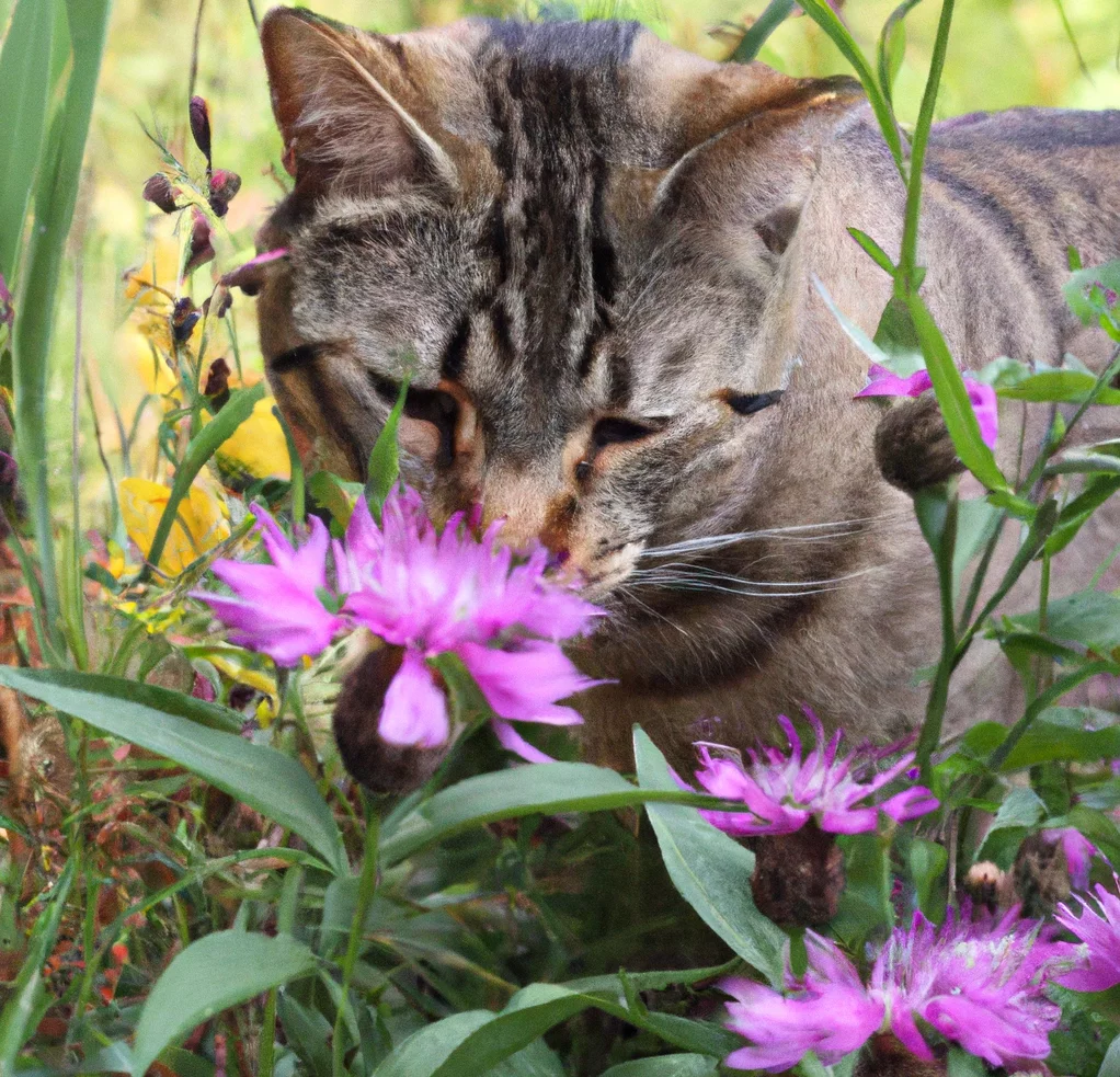 Cat sniffs Russian Knapweed