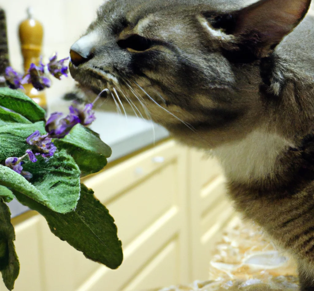 Cat sniffs Sage in the kitchen