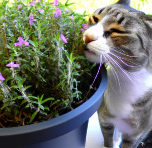 Cat sniffs Summer Savory