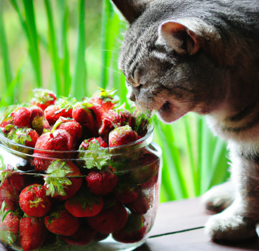 Cat sniffs strawberries