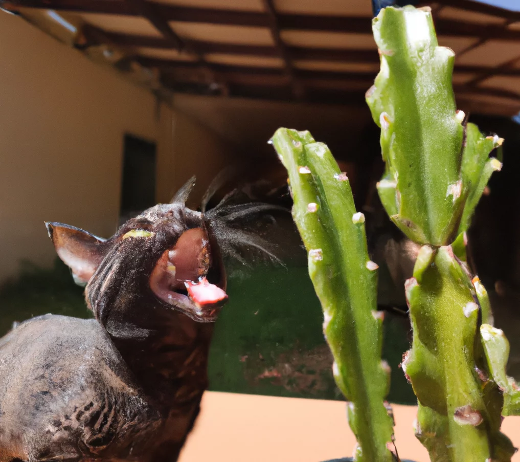 Cat stands near Night Blooming Cereus