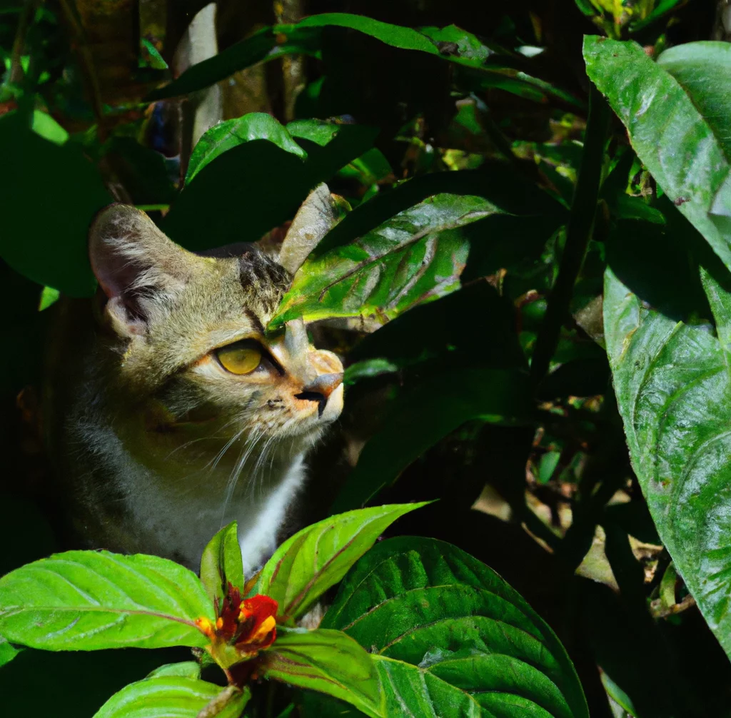 Cat under money tree (Guiana Chestnut) plant
