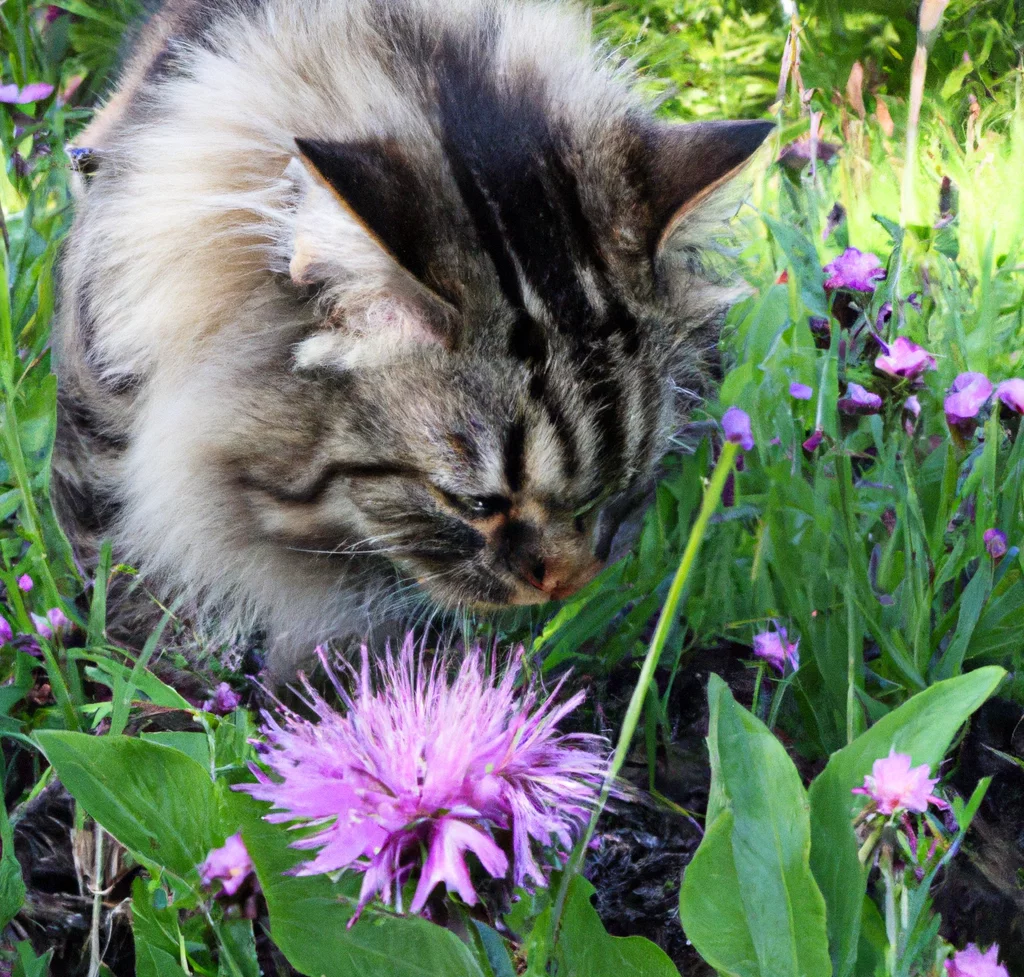 Cat with Russian Knapweed in the garden