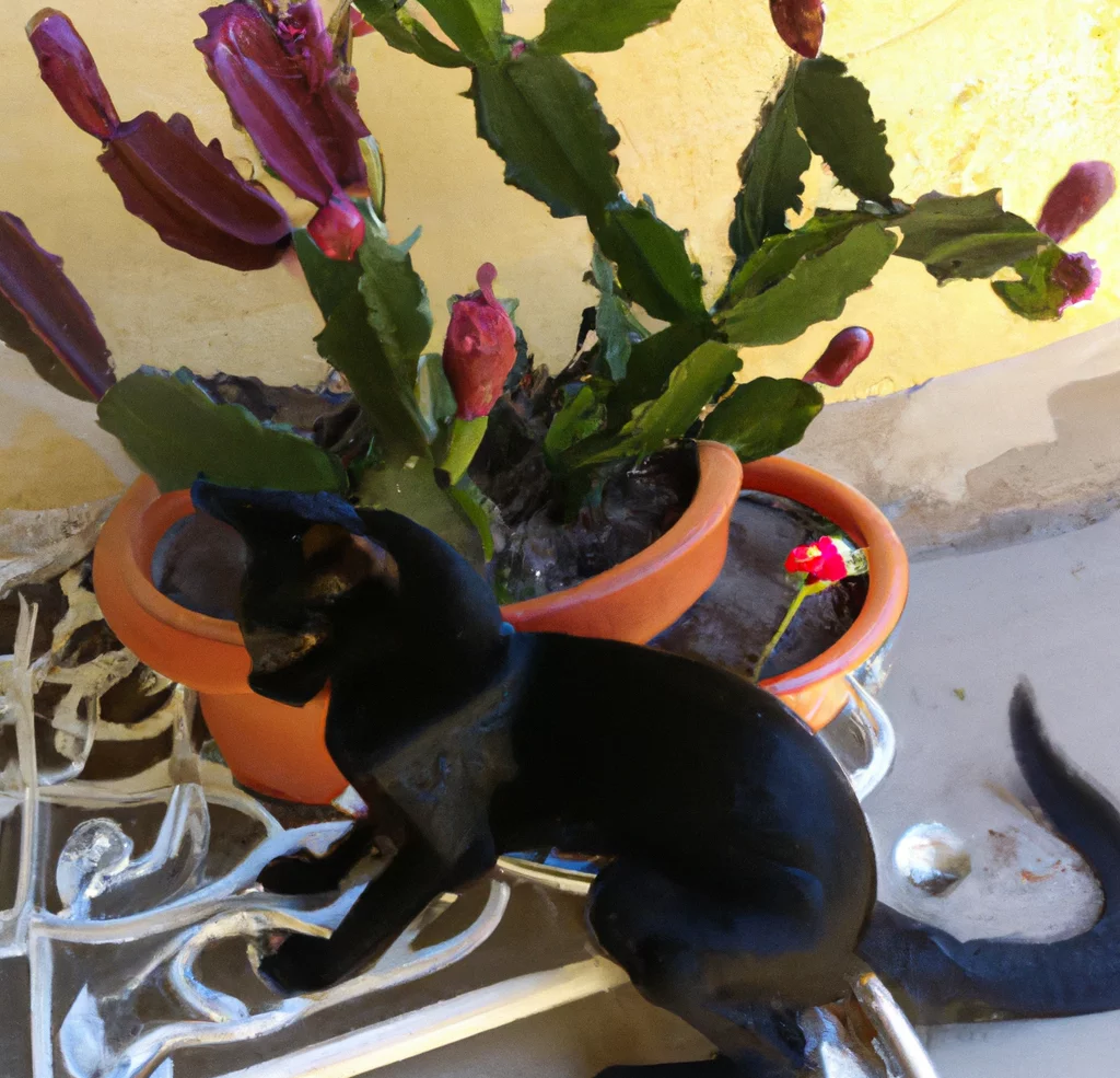 Shrimp Cactus with a black cat