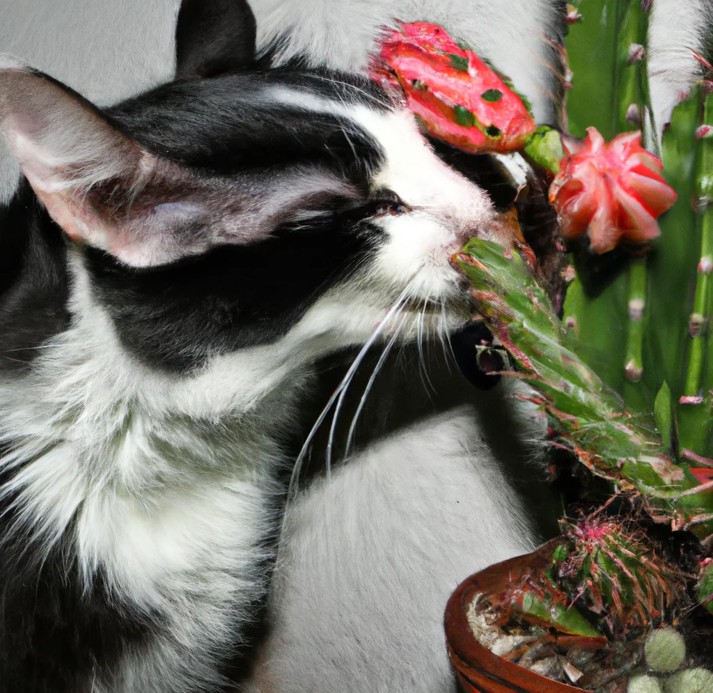 Cat sniffs Shrimp Cactus