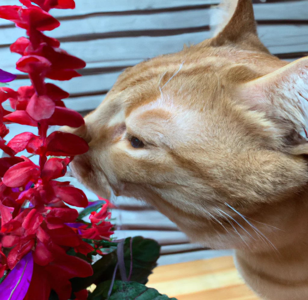 Cat sniffs Scarlet Sage