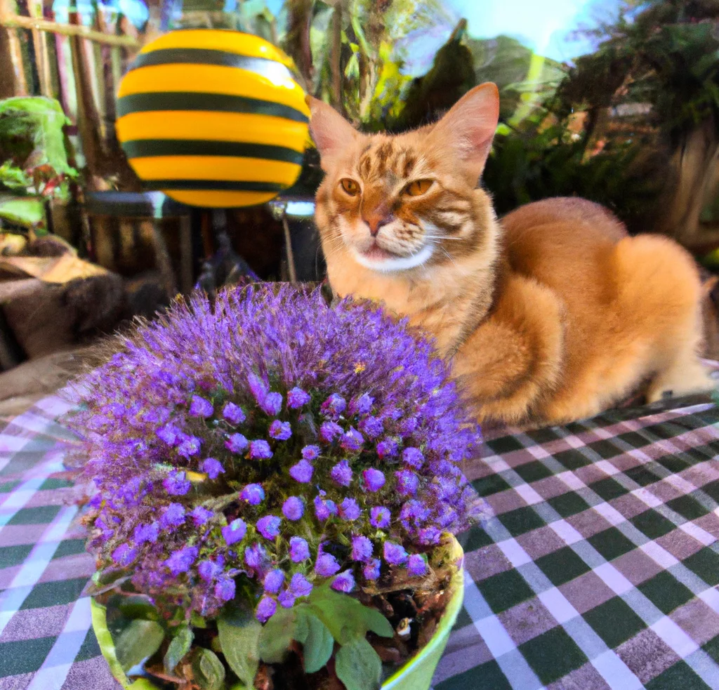 Pincushion Flower with a happy cat in the background