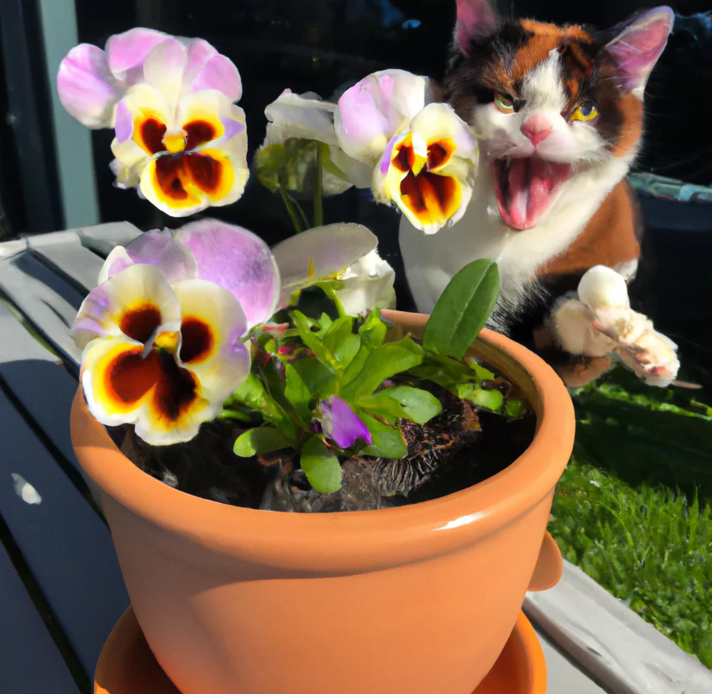 Pansy Orchids in a pot with a cat nearby