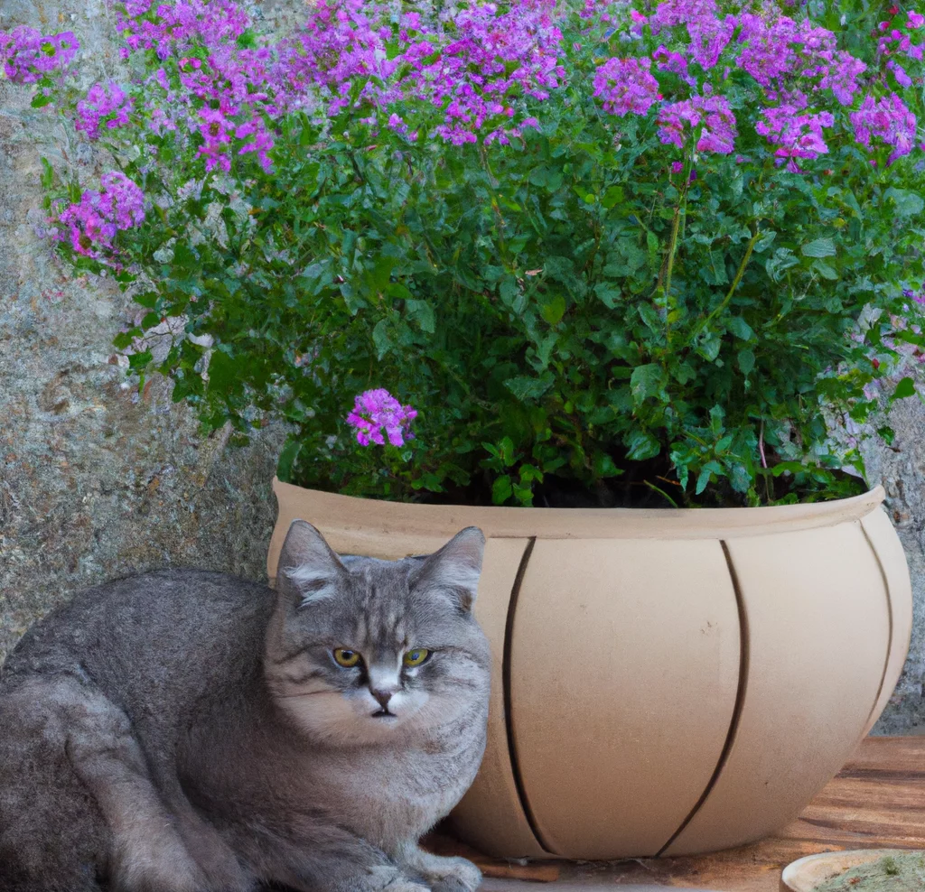 Fat cat sits in front of Sand Verbena